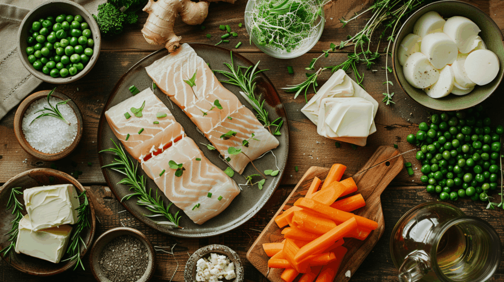 Fresh ingredients for Fish Pie filling, including cod fillets, haddock, carrots, peas, and leeks, laid out on a wooden surface.