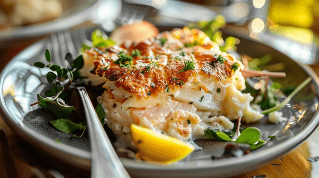 Serving suggestion for Classic Fish Pie, plated with a side of green salad and a lemon wedge, highlighting it as a complete meal.