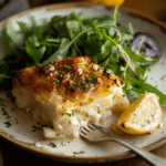 Overhead shot of a freshly baked, golden brown Classic Fish Pie, showcasing its creamy mashed potato topping and bubbly sauce.