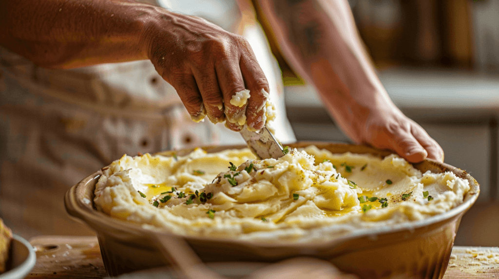 Close-up of hands assembling Fish Pie layers in a baking dish, showing the creamy fish sauce being topped with fluffy mashed potatoes.
