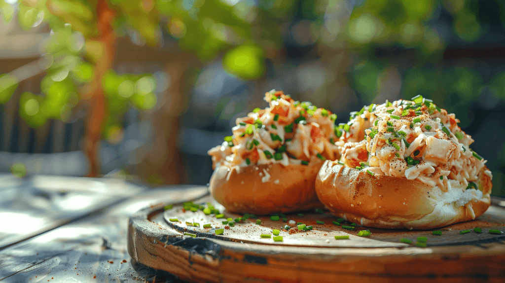 Two mouthwatering Maine Lobster Rolls overflowing with lobster salad on toasted split-top buns, garnished with paprika.