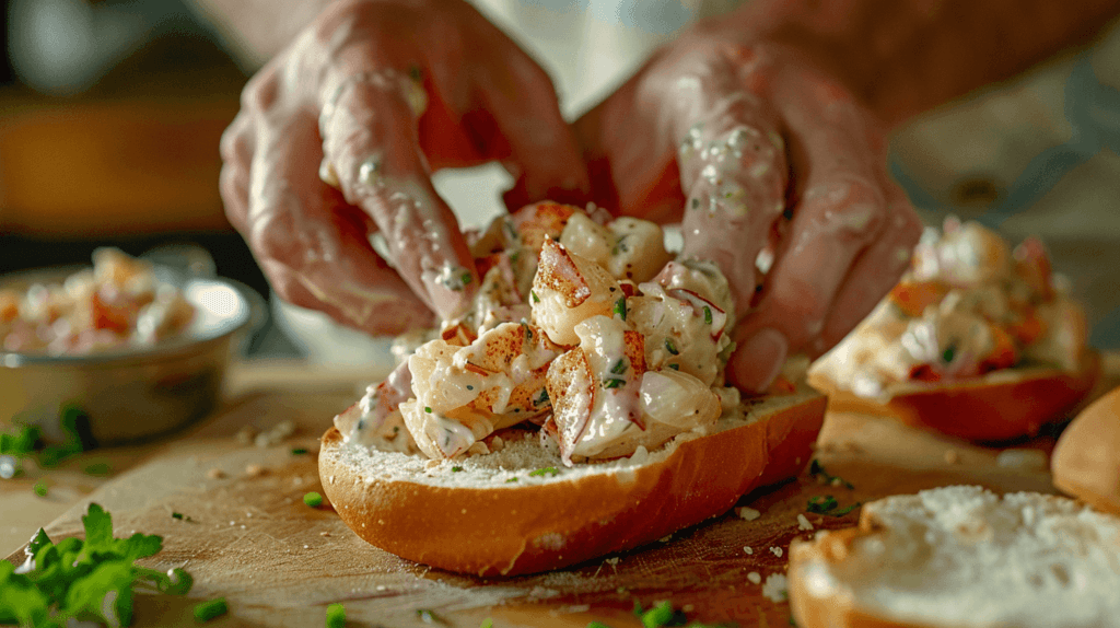 Hands assembling a lobster roll, placing generous scoops of lobster salad into toasted, buttered split-top buns.
