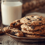 Stack of chewy oatmeal raisin cookies served on a plate with a glass of milk.