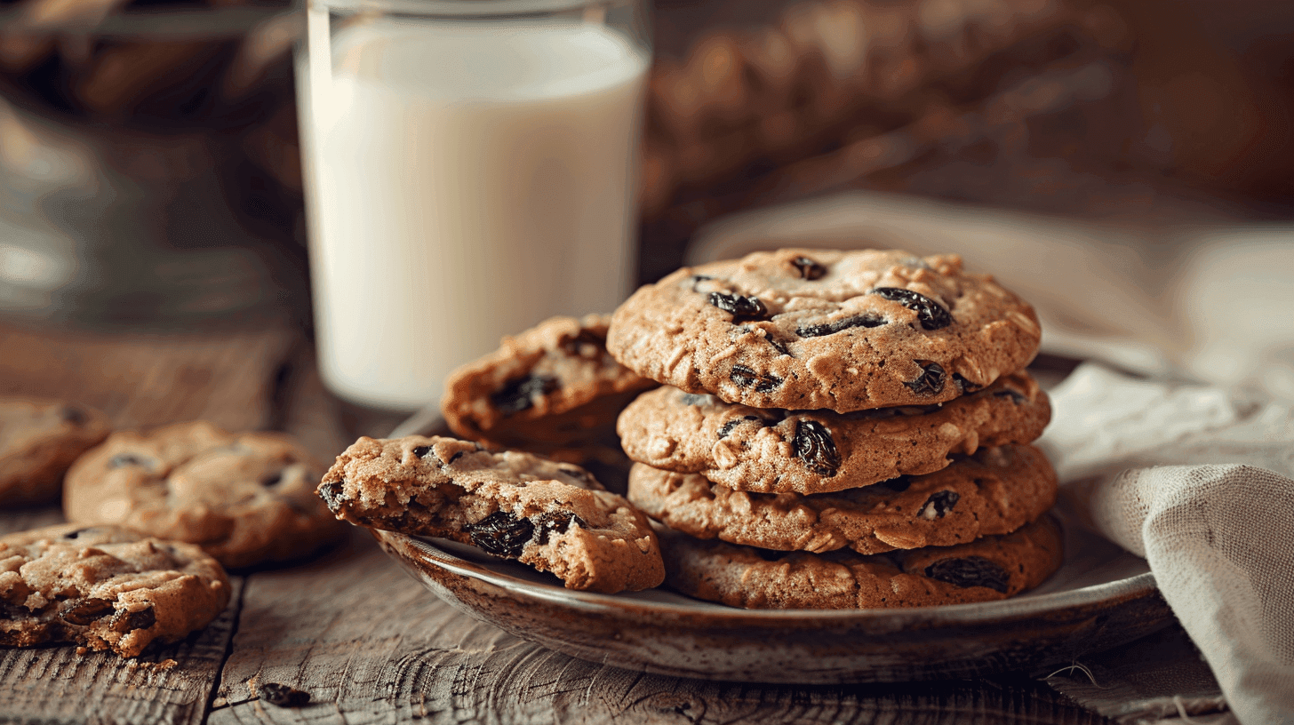 Stack of chewy oatmeal raisin cookies served on a plate with a glass of milk.