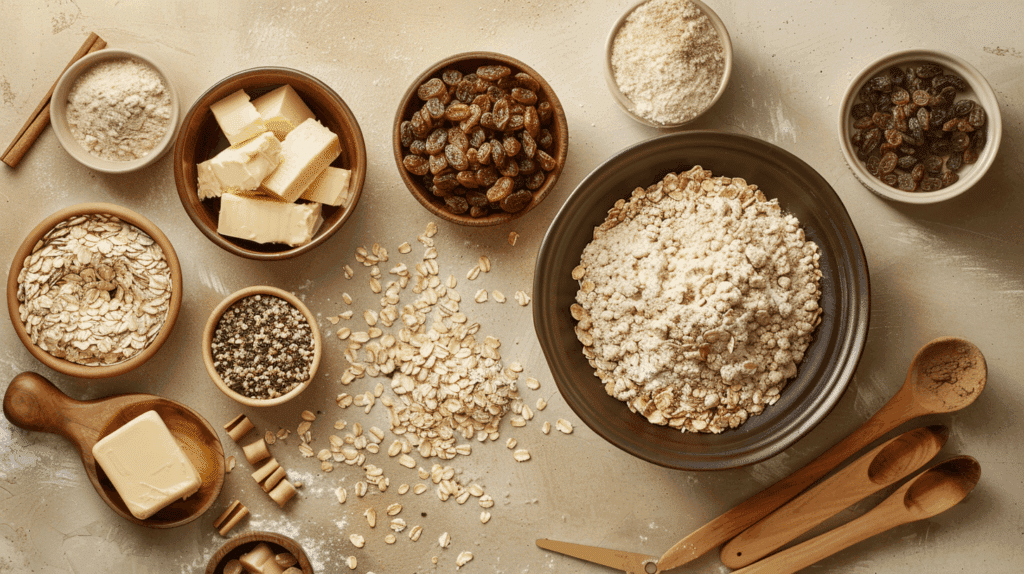 Ingredients for chewy oatmeal raisin cookies laid out on a kitchen counter, including oats, raisins, butter, sugar, flour, and spices.