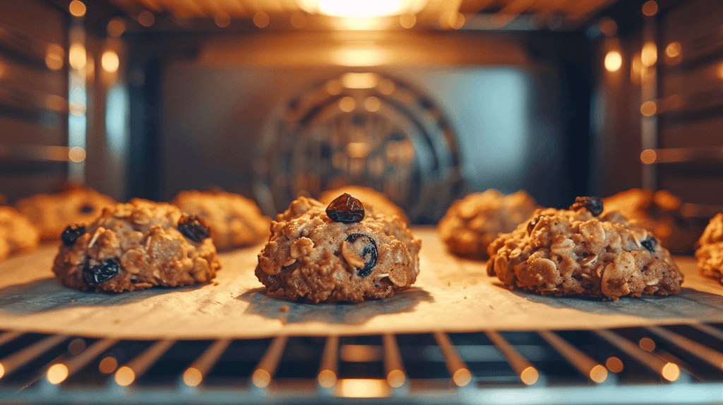 Oatmeal raisin cookies baking on a baking sheet in the oven, slightly golden brown at the edges