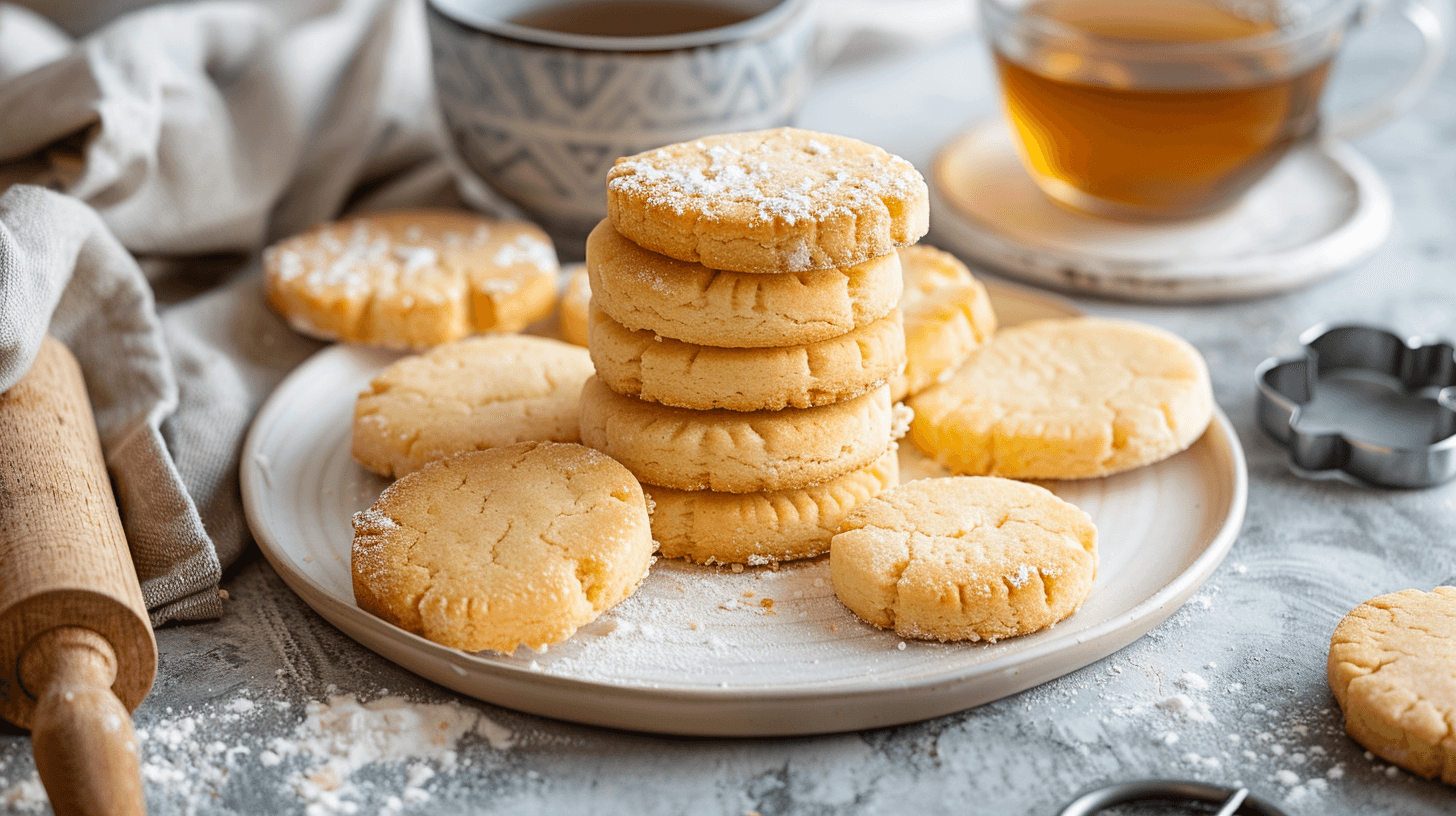 Golden and crumbly shortbread cookies on a white plate, perfect for tea time.