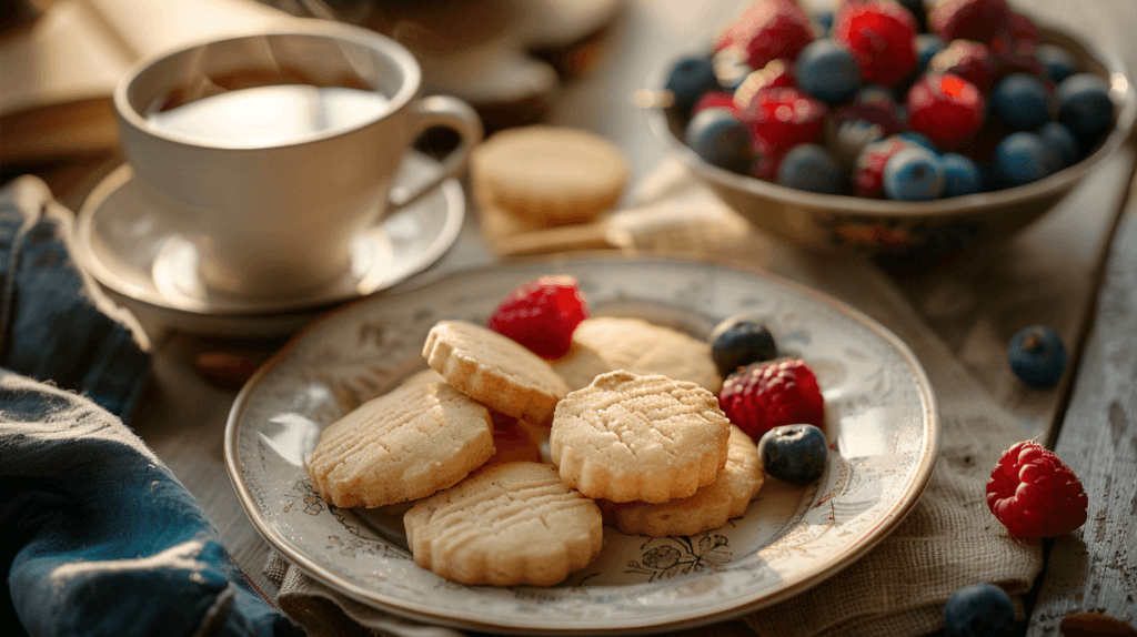 Shortbread cookies served with a cup of tea and fresh berries.