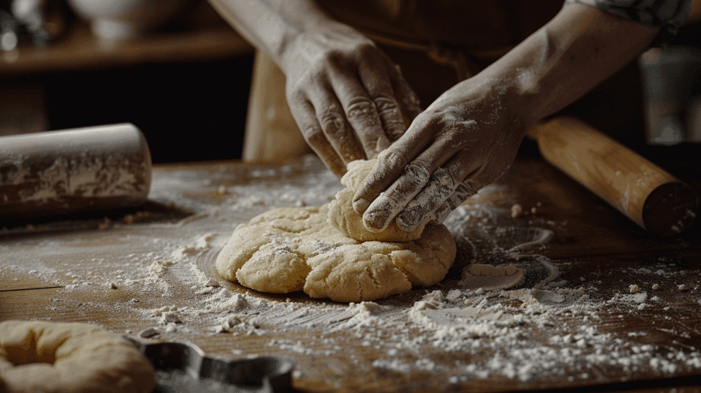 Hands shaping shortbread cookie dough into round discs on a floured surface.