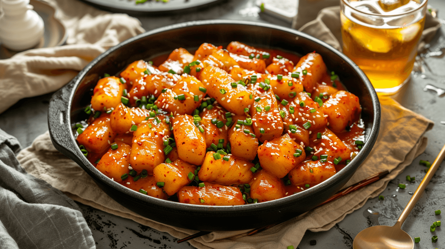Delicious and spicy Tteokbokki (Korean Rice Cakes) ready to eat.