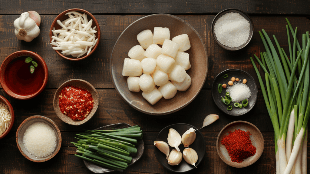 Essential Tteokbokki ingredients: rice cakes, gochujang, gochugaru, and fish cakes.