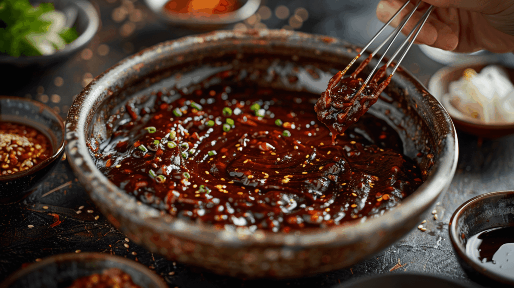 Making flavorful Tteokbokki sauce with gochujang and gochugaru.