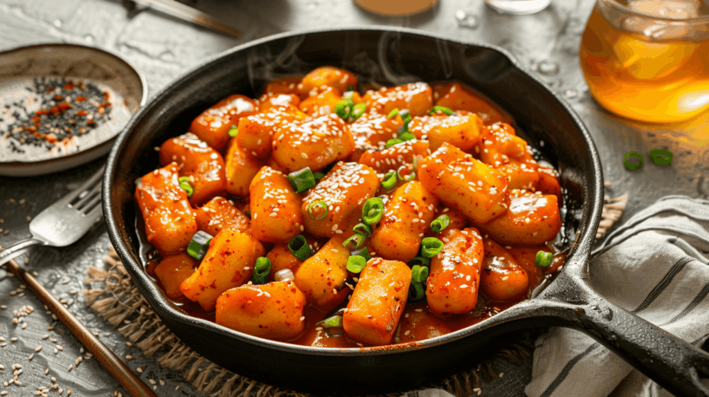 Tteokbokki simmering in a pot on the stove with rice cakes and fish cakes.