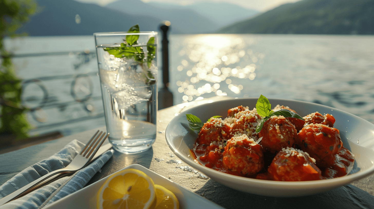 Savory Turkey Meatballs simmering in tomato sauce in a skillet, ready to be served.