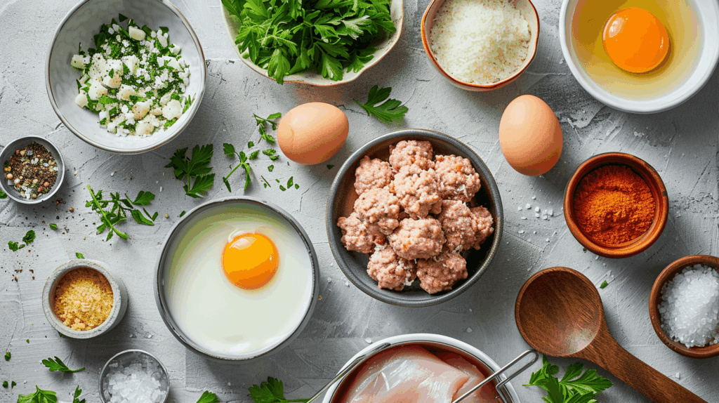 Ingredient layflat for turkey meatballs recipe including ground turkey, breadcrumbs, egg, parmesan, and spices.