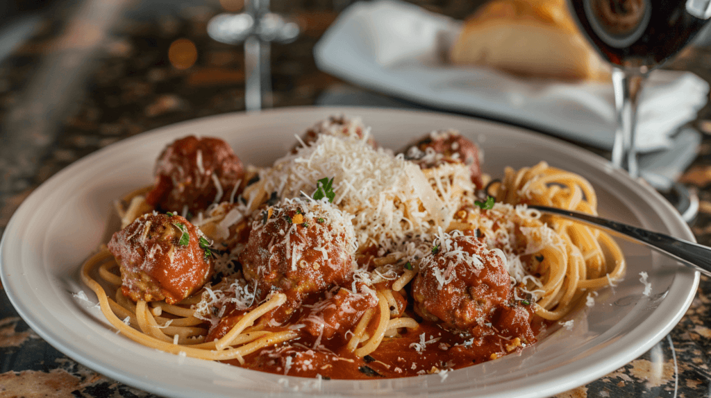 Turkey meatballs served over spaghetti with tomato sauce and parmesan cheese.
