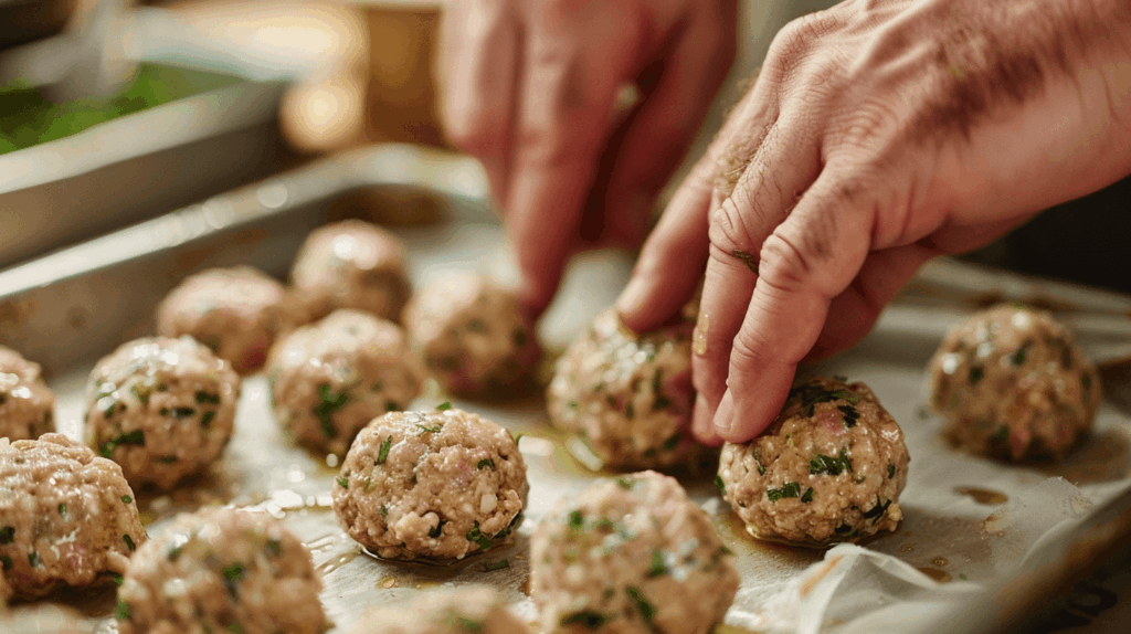 Hands shaping ground turkey mixture into meatballs, demonstrating the easy shaping process.
