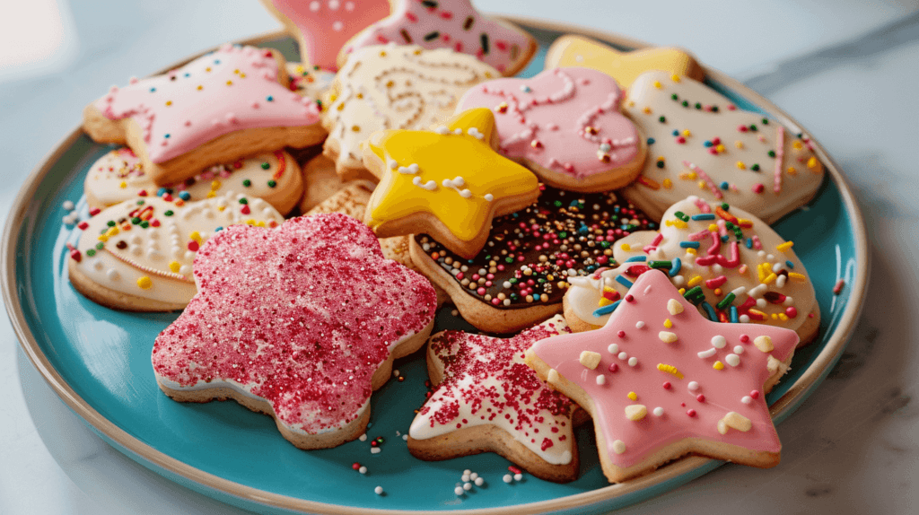 Assortment of beautifully decorated Classic Sugar Cookies with royal icing, buttercream, and sprinkles.