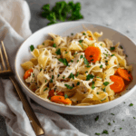 White bowl of chicken and noodles with a fork and napkin on a concrete countertop