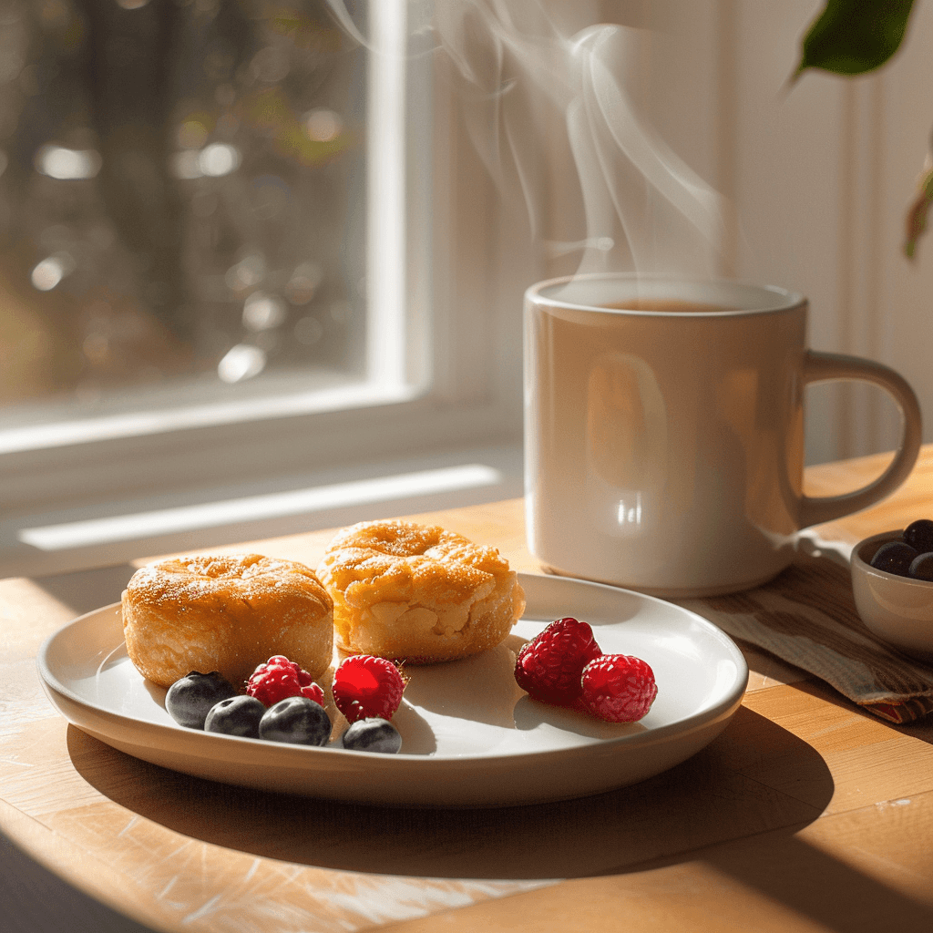 Two homemade egg bites served on a small plate next to fresh berries and a cup of coffee; example of a healthy grab-and-go breakfast using the egg bites recipe.