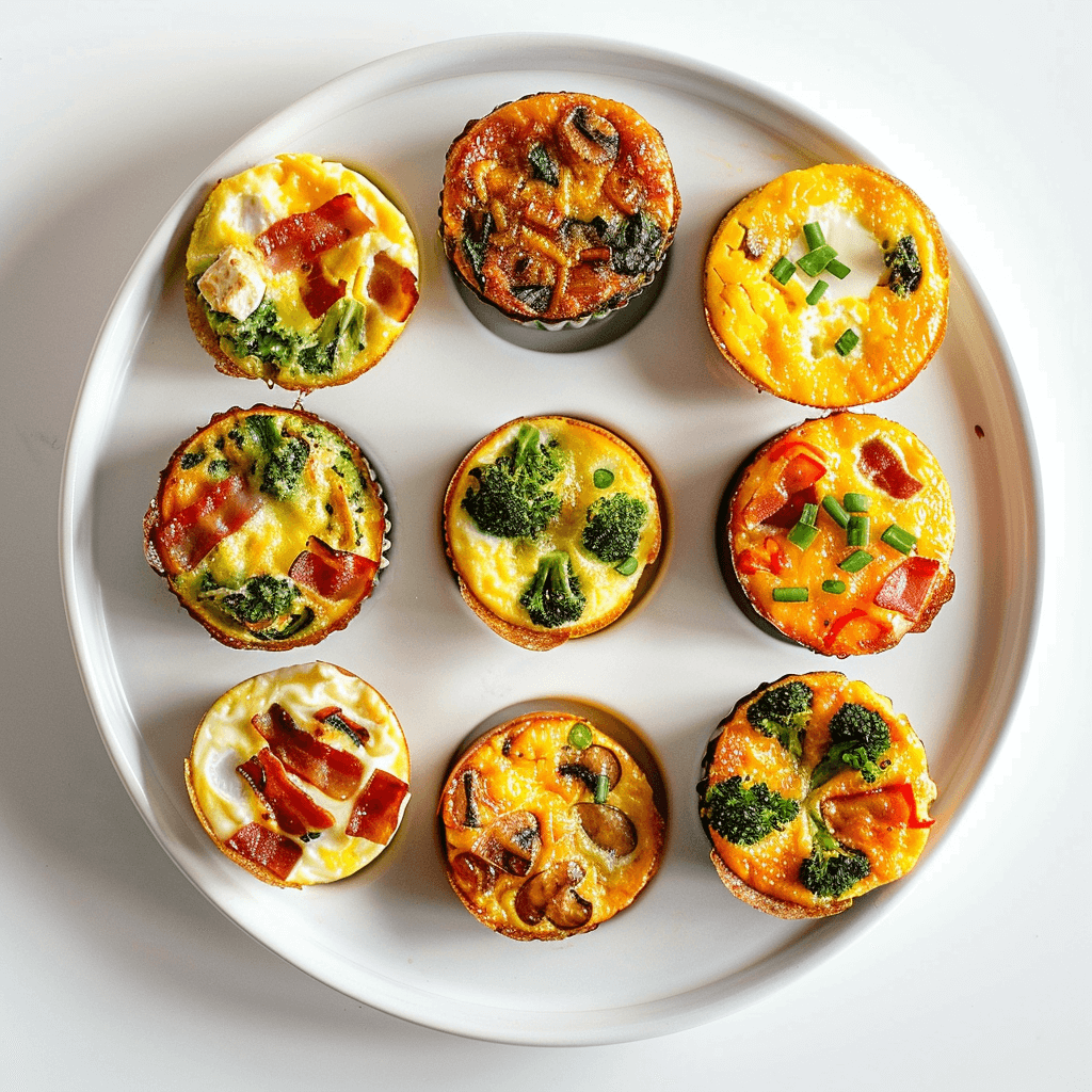 A white platter displaying a variety of egg muffins with different fillings like bacon-cheddar, spinach-feta, and veggie options.