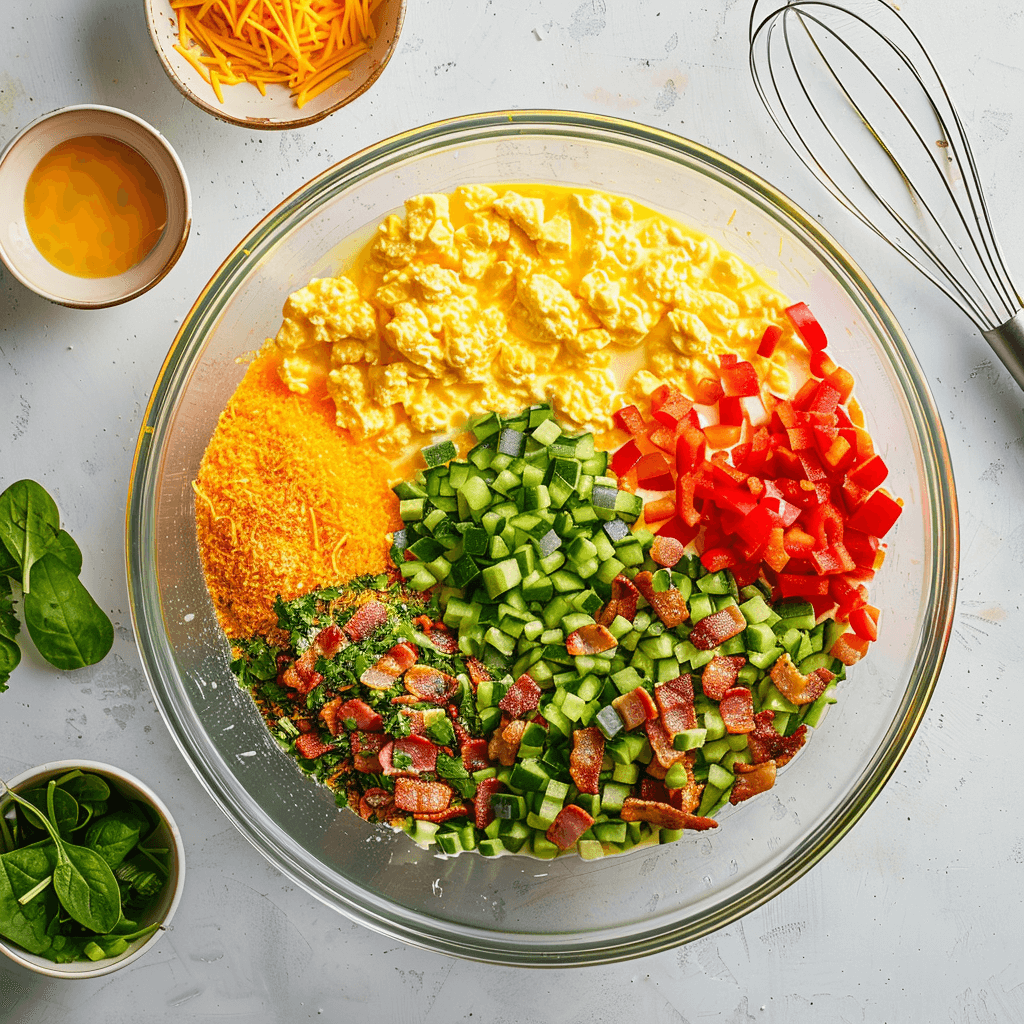 Overhead shot of ingredients for egg muffins: whisked eggs in a bowl surrounded by chopped bell peppers, spinach, bacon, and cheese.