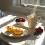 Cozy breakfast table with homemade egg bites, coffee, berries, and a linen napkin; rustic and inviting brunch setup.