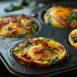 Overhead view of golden baked egg muffins in a muffin tin on a wooden table, surrounded by breakfast elements like a coffee cup and folded napkin.