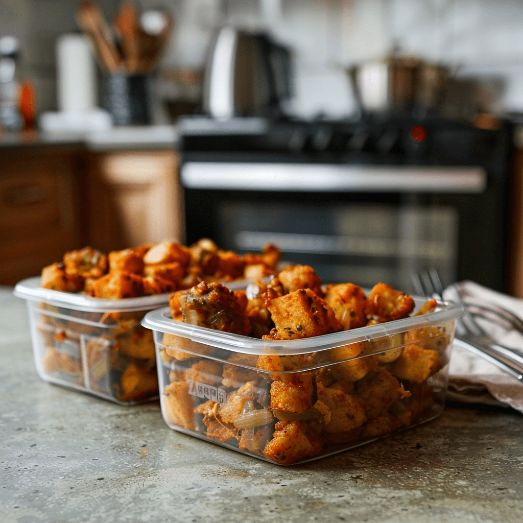 Stored aloo gobi traybake in containers for leftovers