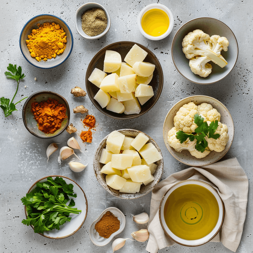 Flat lay of ingredients for spiced aloo gobi traybake