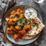 Served spiced aloo gobi traybake with yogurt and naan