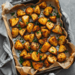 Golden roasted breakfast potatoes with herbs on a baking tray
