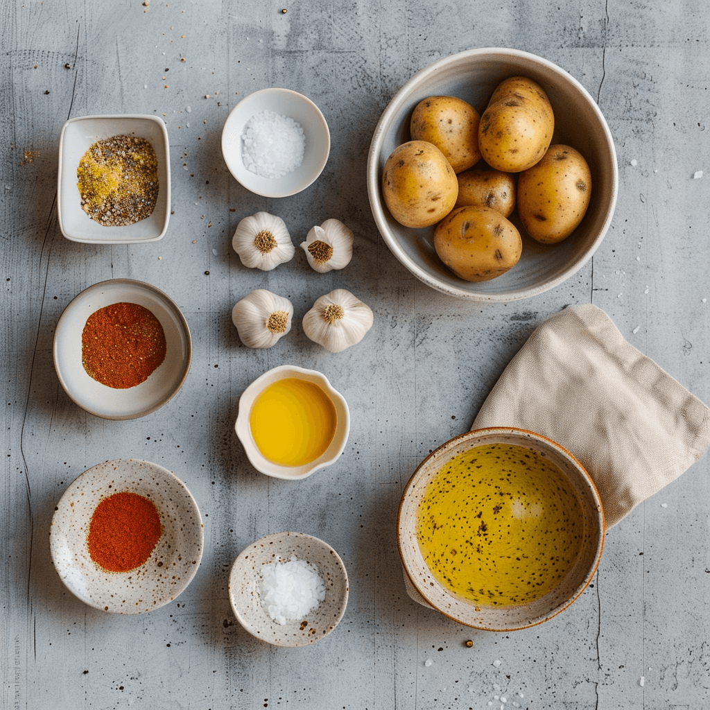 Raw potatoes, garlic powder, paprika, and olive oil arranged on a wooden surface