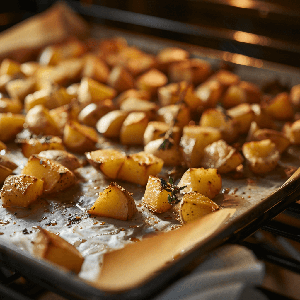 Cubed potatoes roasting on a parchment-lined baking sheet