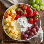 Creamy fruit dip in white bowl surrounded by fresh fruit