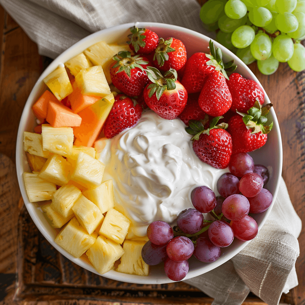 Creamy fruit dip in white bowl surrounded by fresh fruit