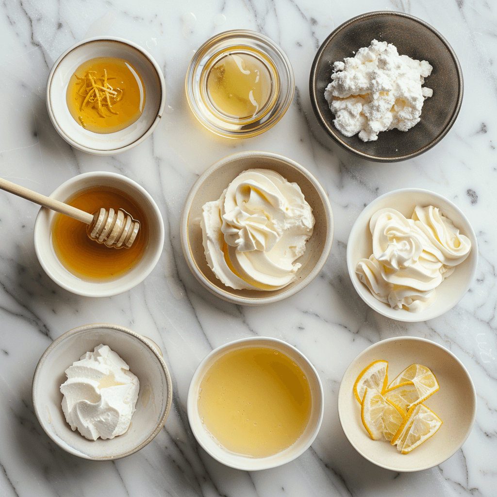 Ingredients for fruit dip on marble countertop