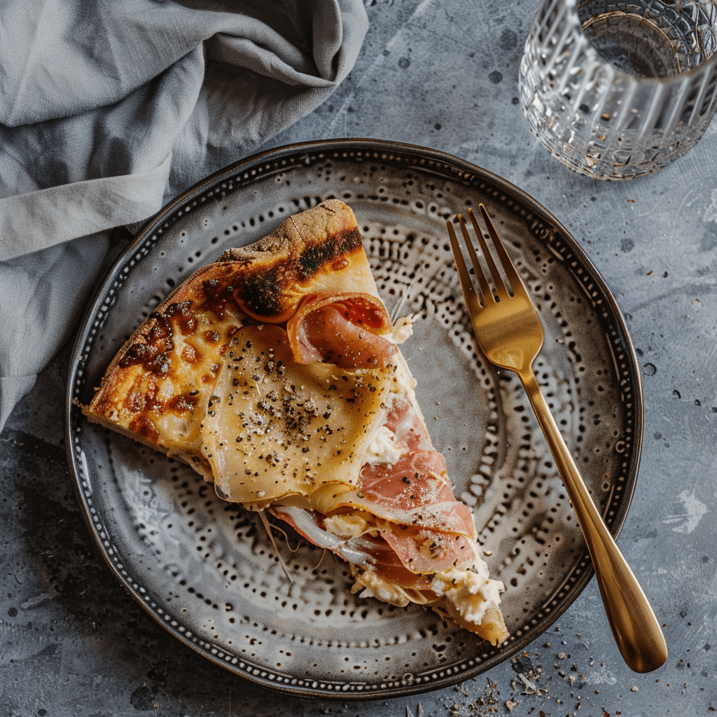 A delicious slice of Pizza Rustica with a golden-brown crust, showcasing the layers of cheese and cured meats.