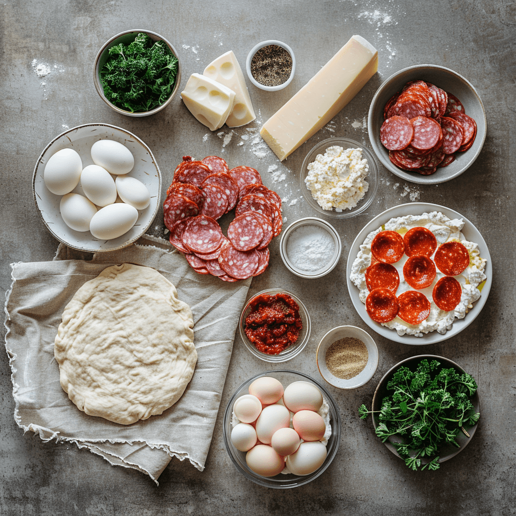 Ingredients for making Pizza Rustica: ricotta cheese, mozzarella cheese, cured meats, eggs, parsley, and more.