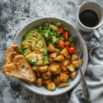 Roasted potato and avocado breakfast bowl served in a white bowl