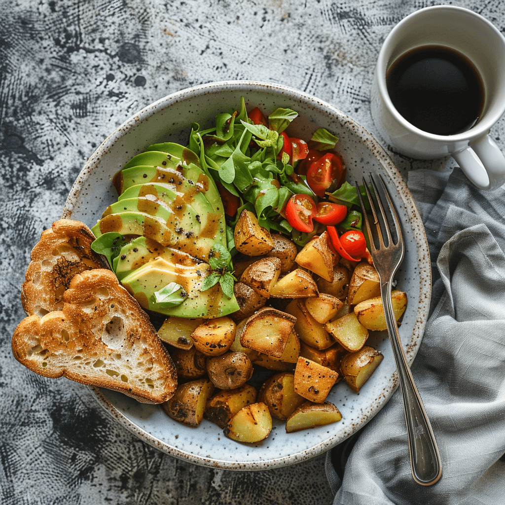 Roasted potato and avocado breakfast bowl served in a white bowl