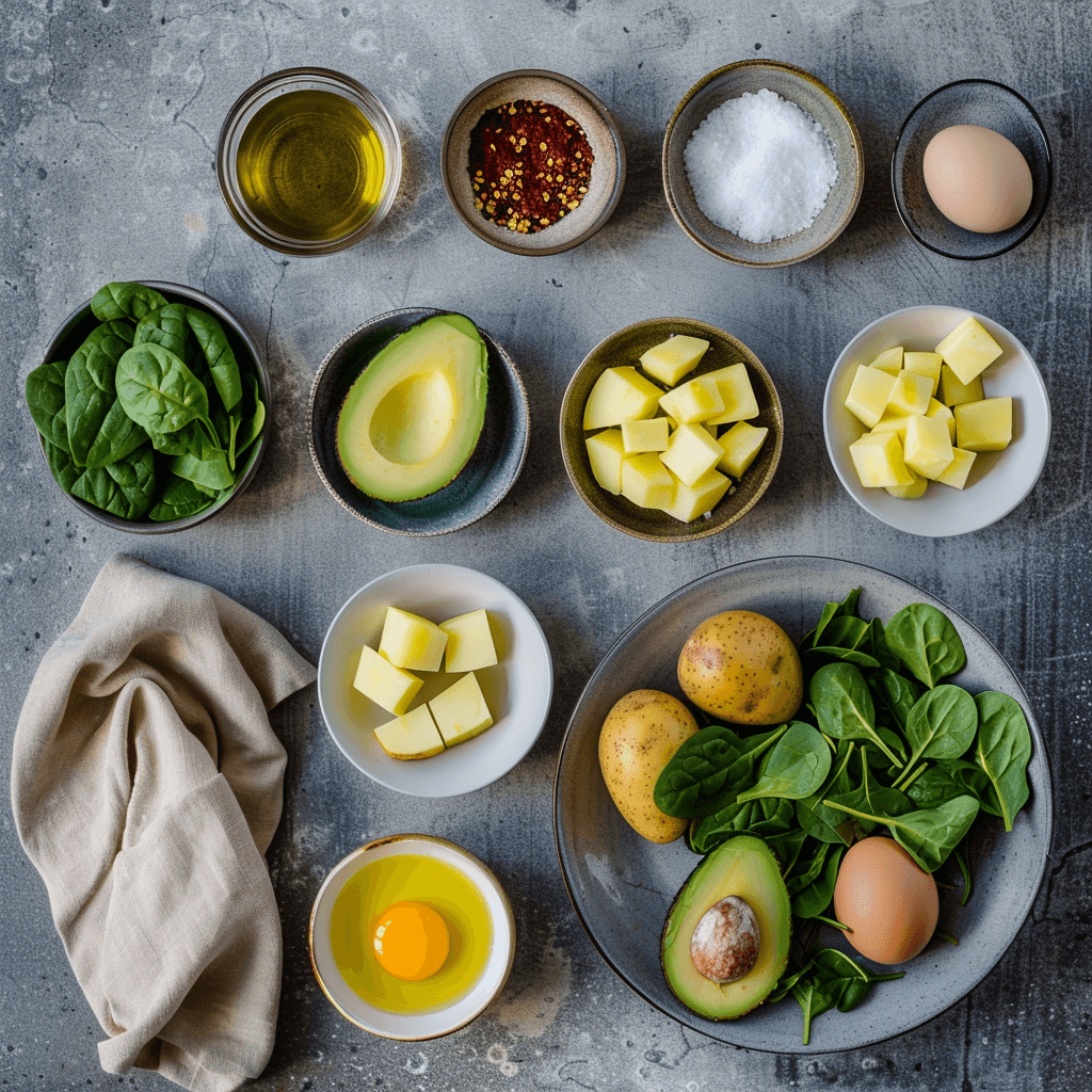 Flat lay of ingredients for roasted potato avocado breakfast bowl