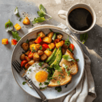 Roasted potato and avocado breakfast bowl served in a white bowl