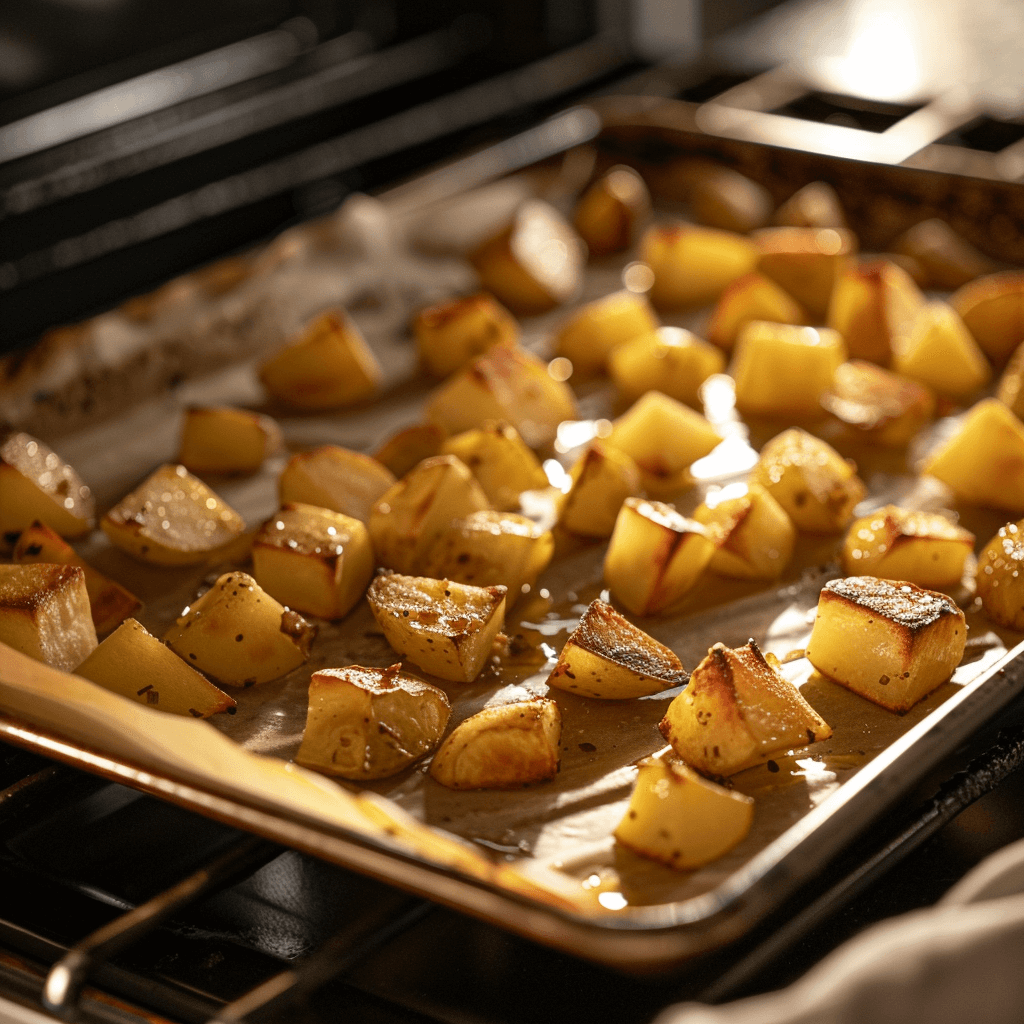 Step-by-step images showing roasted potatoes in oven tray