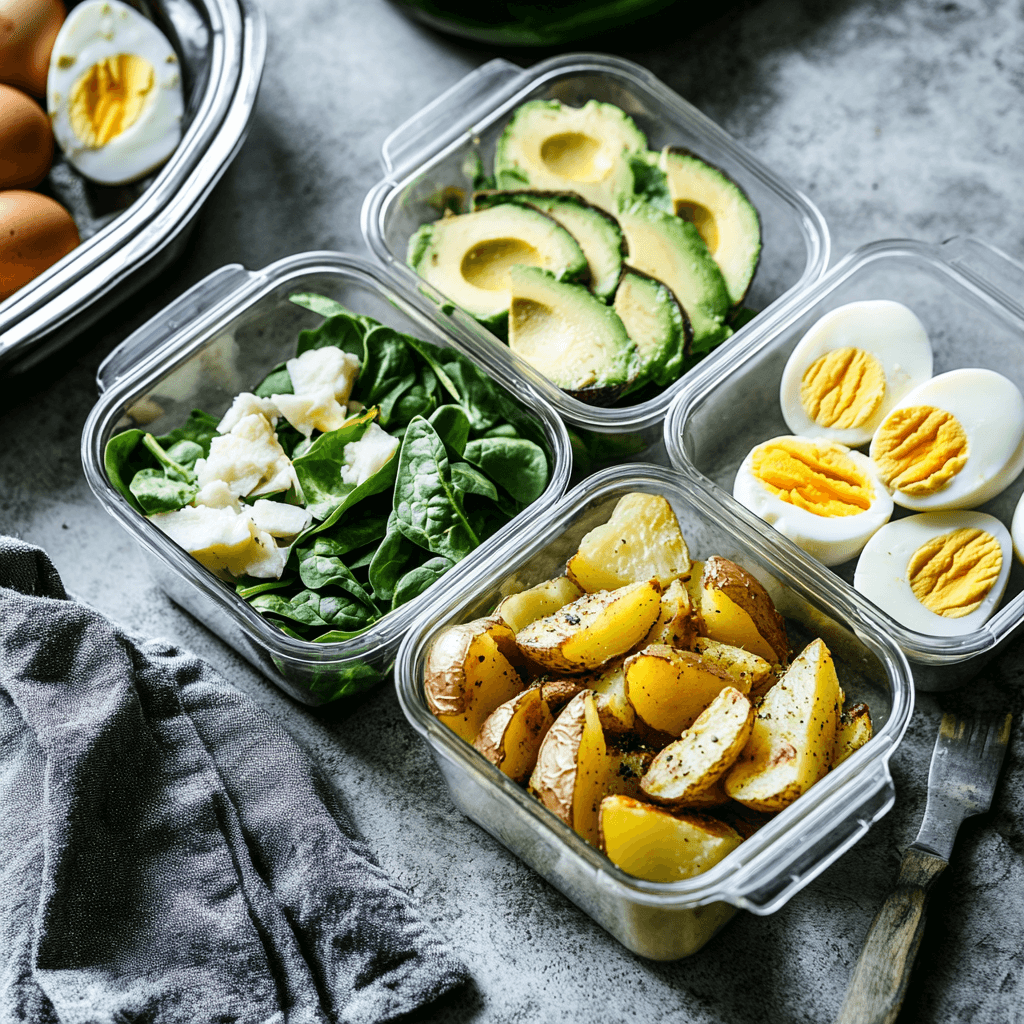 Roasted potato avocado bowl packed in meal prep containers
