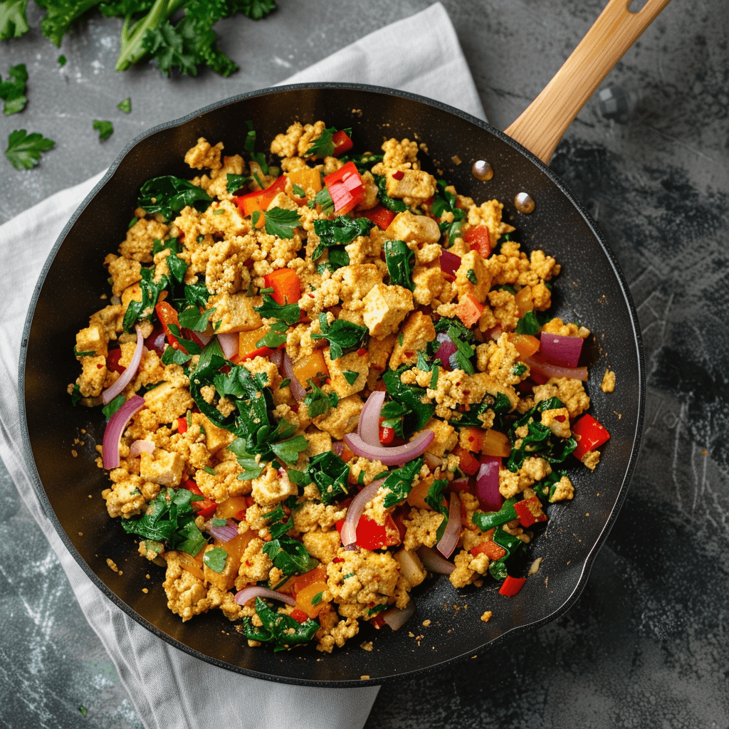 Vegan tofu scramble in a skillet with vegetables