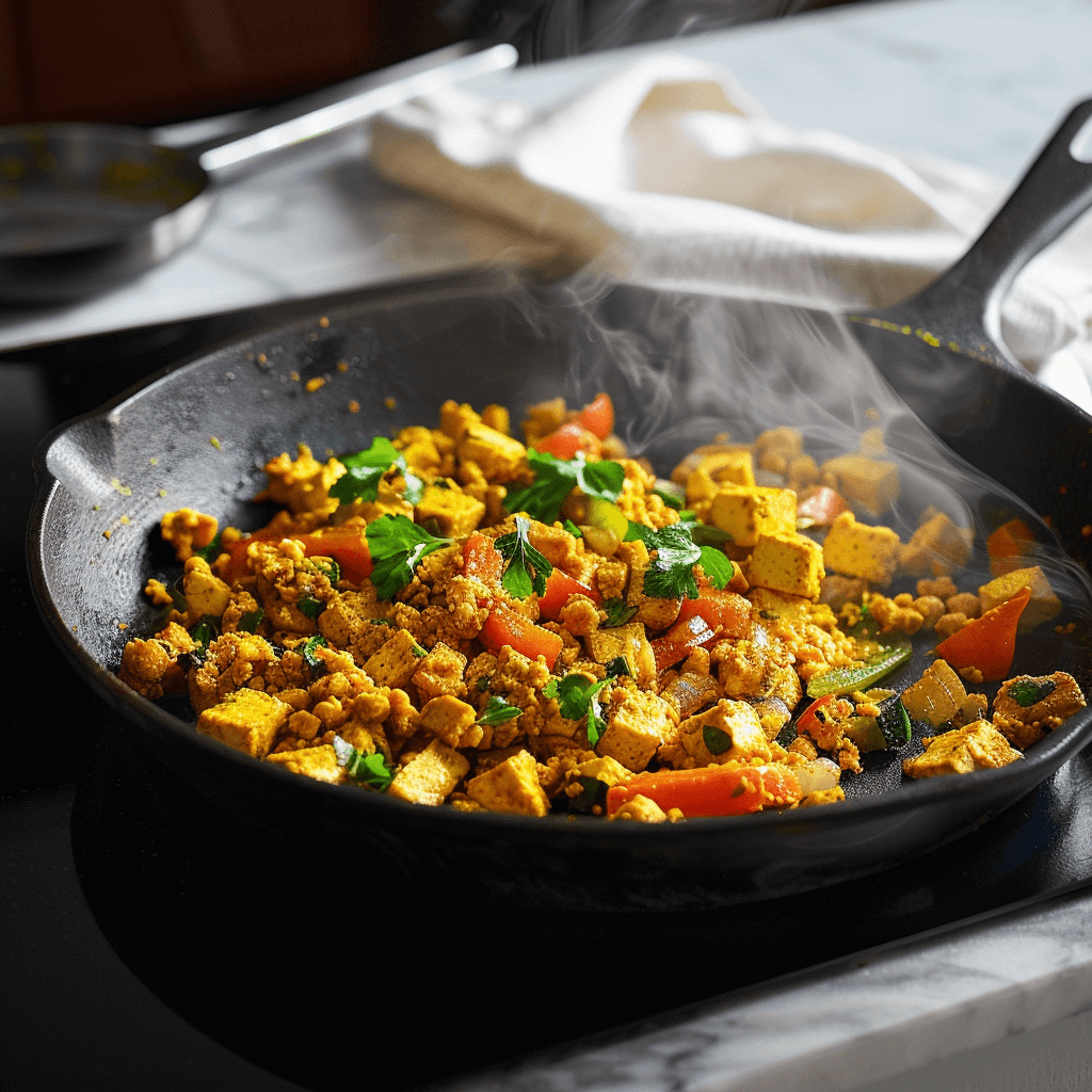 Steps to prepare tofu scramble from tofu pressing to final dish