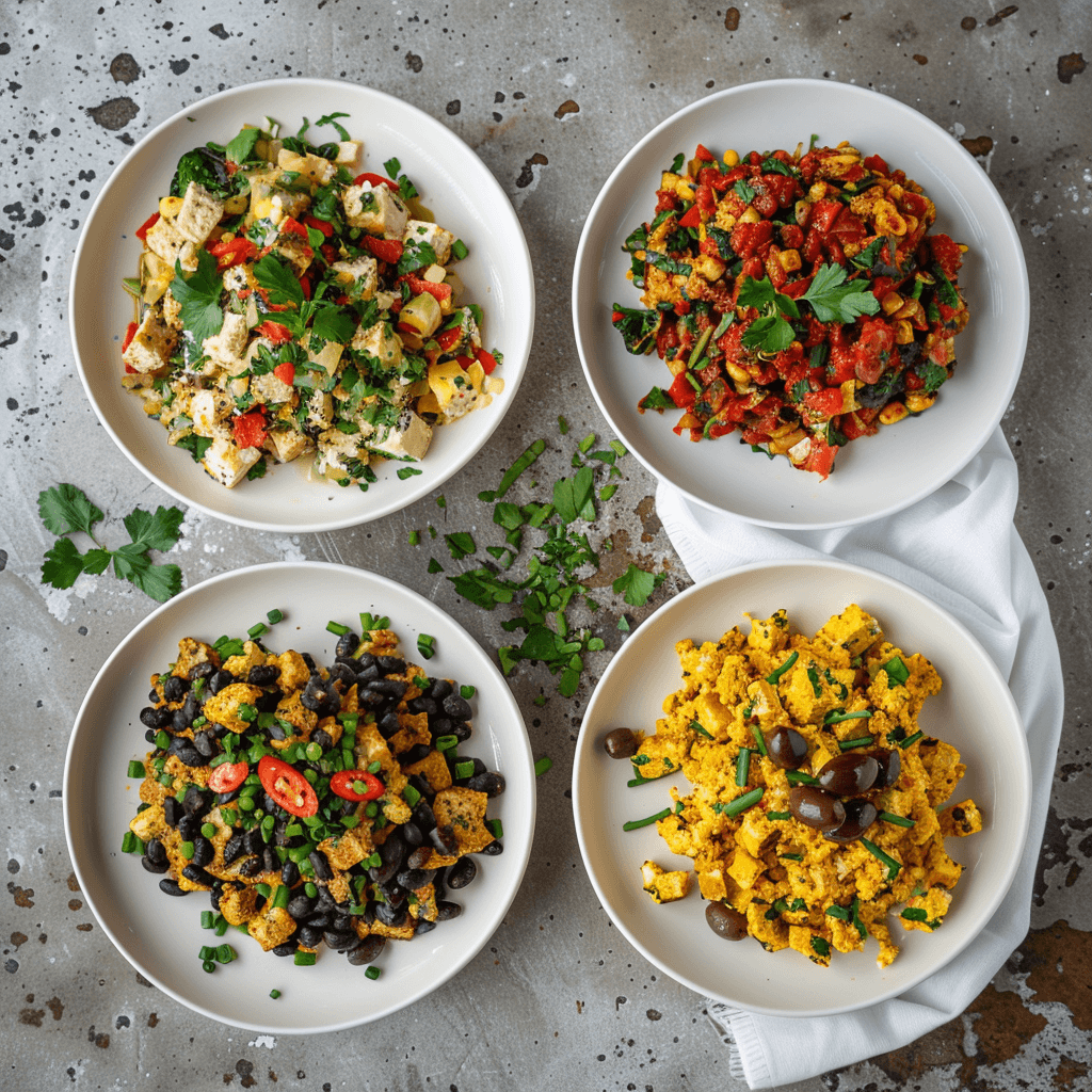 Four tofu scramble variations on white plates