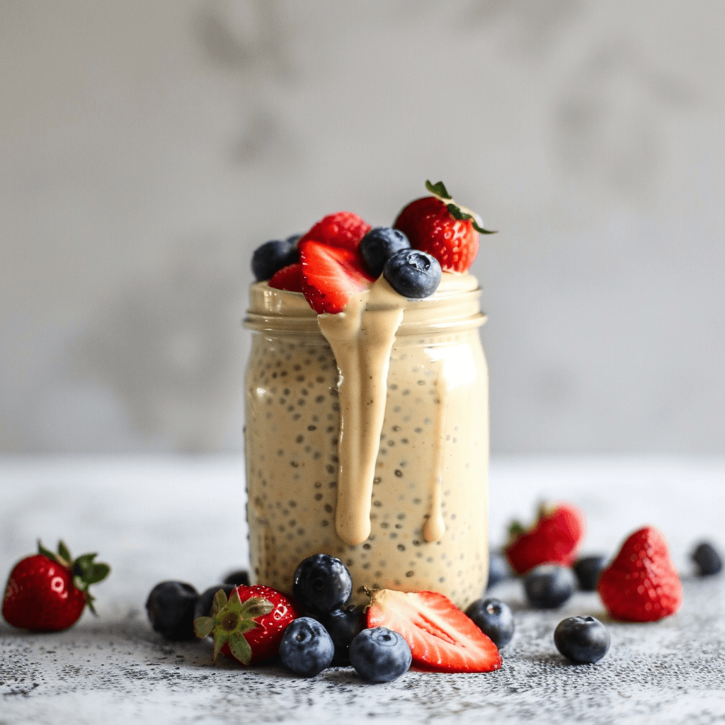 Chia seed pudding topped with fresh berries in a glass jar