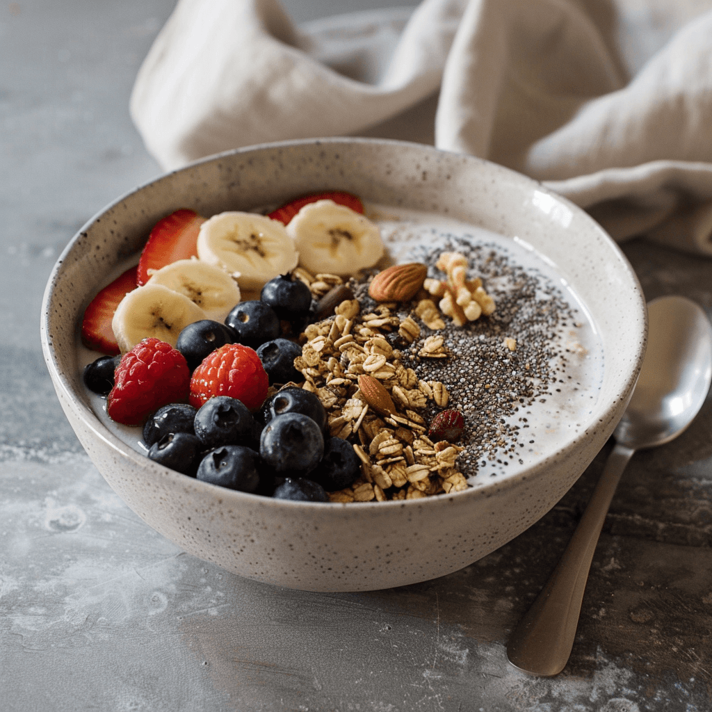 Chia pudding served with granola, nuts, and fruits on a breakfast table